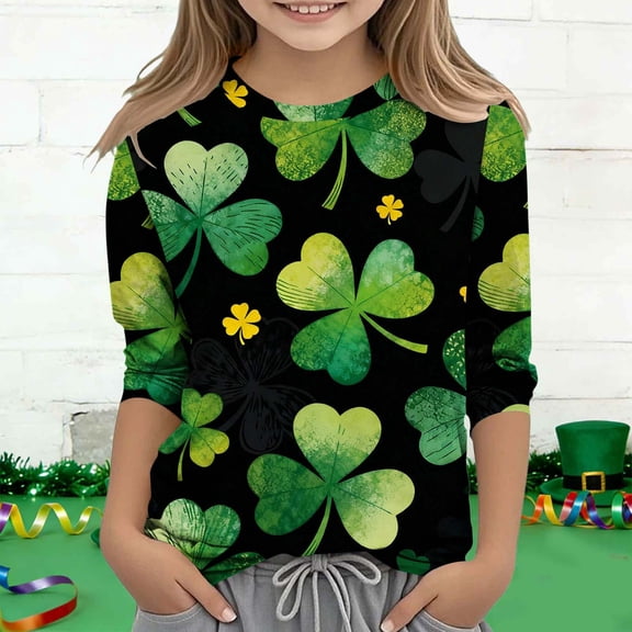 Girls St Patrick's Day Shirt Long Sleeve Green Shamrock Printed Tee Top for Kids Holiday,Size 3 T