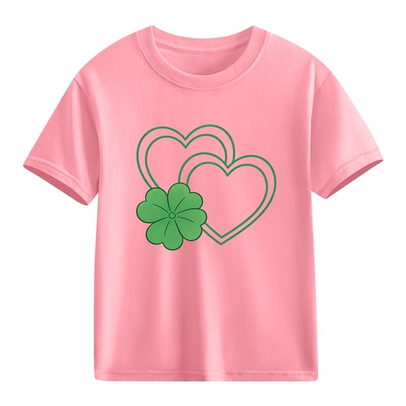 Girls St. Patrick's Day Shirt Pink Kids T-Shirt | Lucky Clover Heart Print Short Sleeve Top | Soft Cotton Casual Tee for Kids,Size 7 T
