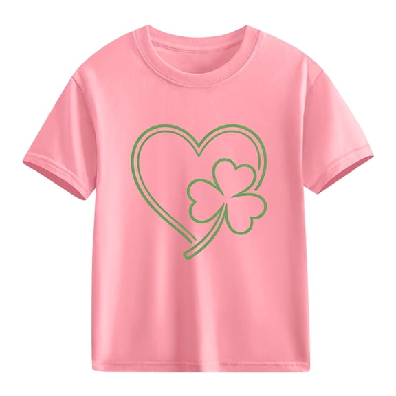 Girls St Patrick's Day Shirt Pink Shamrock Heart Kids Short Sleeve T-Shirt Soft Cotton Graphic Tee Holiday Kids Lucky Top,Size 5 T