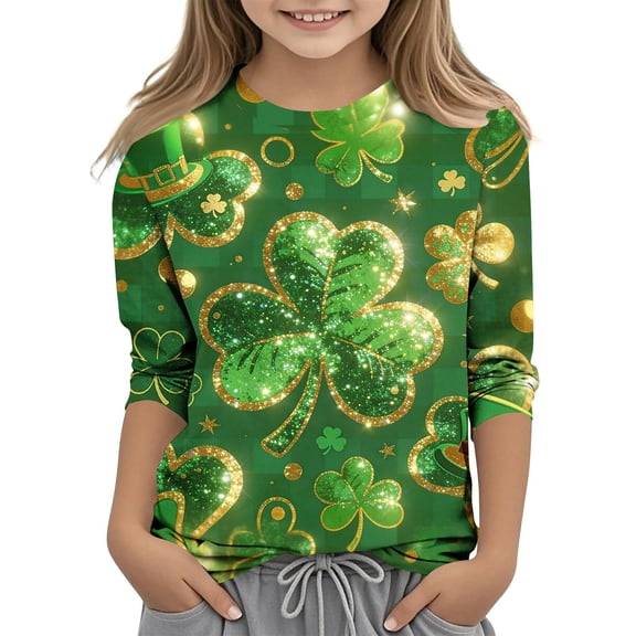 Girls St. Patrick's Day Shirts 3/4 Sleeve Crew Neck Print Pullover Tops Holiday Casual Loose Stylish T-Shirts (3, Green)