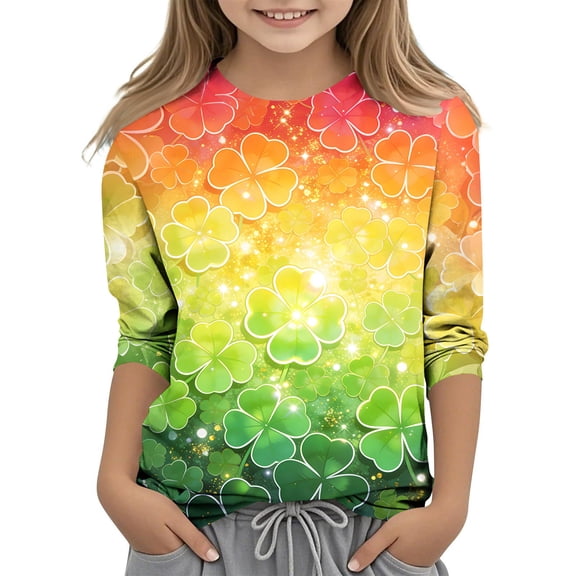 Girls St. Patrick's Day Shirts 3/4 Sleeve Crew Neck Print Pullover Tops Holiday Casual Loose Stylish T-Shirts (4 Years, Multicolor-C)