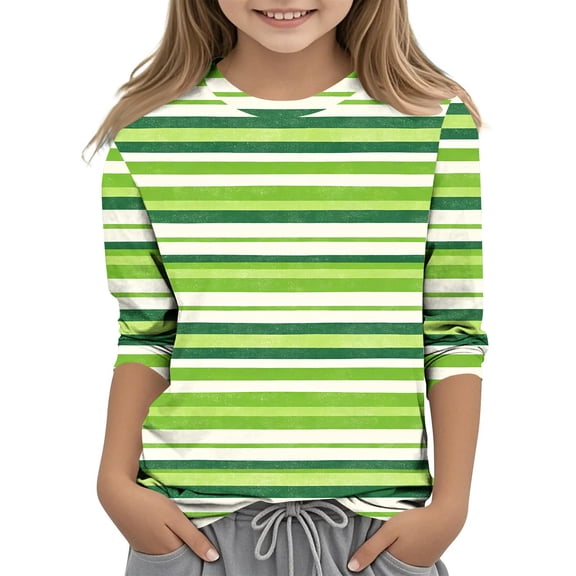 Girls St. Patrick's Day Shirts 3/4 Sleeve Crew Neck Print Pullover Tops Holiday Casual Loose Stylish T-Shirts (7 Years, Green-L)
