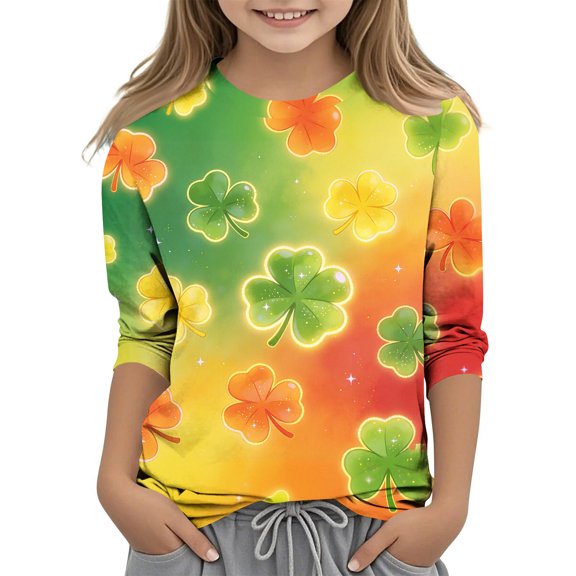 Girls St. Patrick's Day Shirts 3/4 Sleeve Crew Neck Print Pullover Tops Holiday Casual Loose Stylish T-Shirts (7 Years, Multicolor-B)