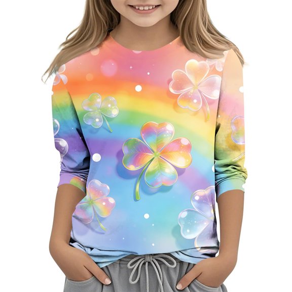 Girls St. Patrick's Day Shirts 3/4 Sleeve Crew Neck Print Pullover Tops Holiday Casual Loose Stylish T-Shirts (9 Years, Multicolor-A)
