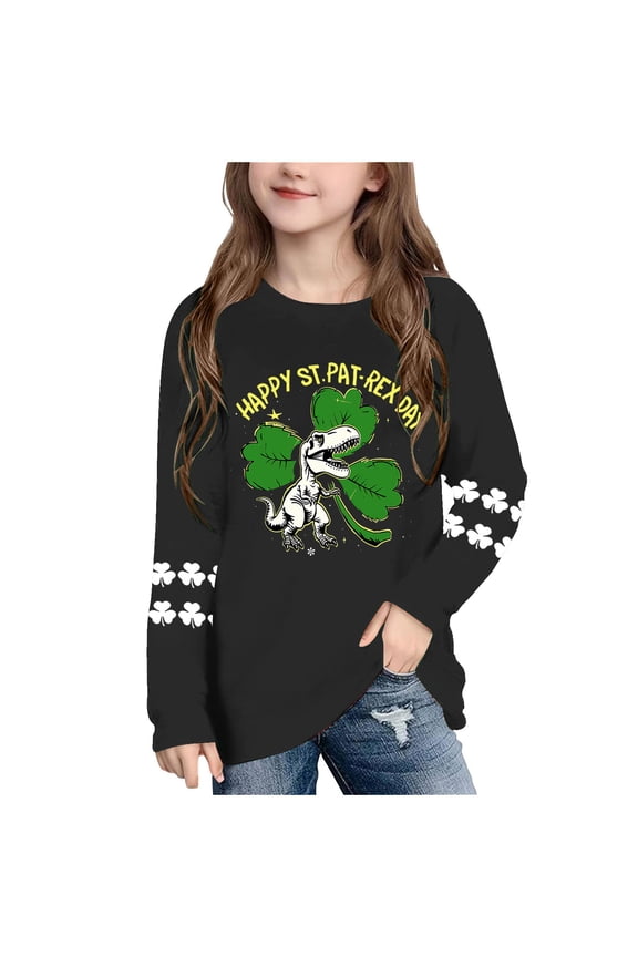 Girls St. Patrick's Day T-Rex Dinosaur Shamrock Long Sleeve T-Shirt Happy St. Pat-Rex Day Black,Size 3 T