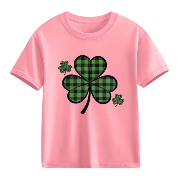 Girls St Patrick's Day T-Shirt Kids Lucky Clover Top | Soft Cotton Short Sleeve Holiday Tee Plaid Shamrock Pink,Size 7 T