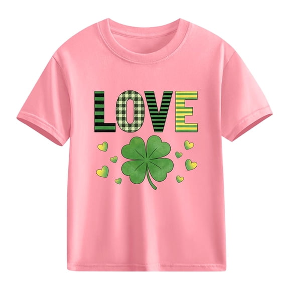 Girls St. Patrick's Day T-Shirt Pink Shamrock Love Kids Short Sleeve Shirt 100% Cotton Crewneck Holiday Top,Size 4 T