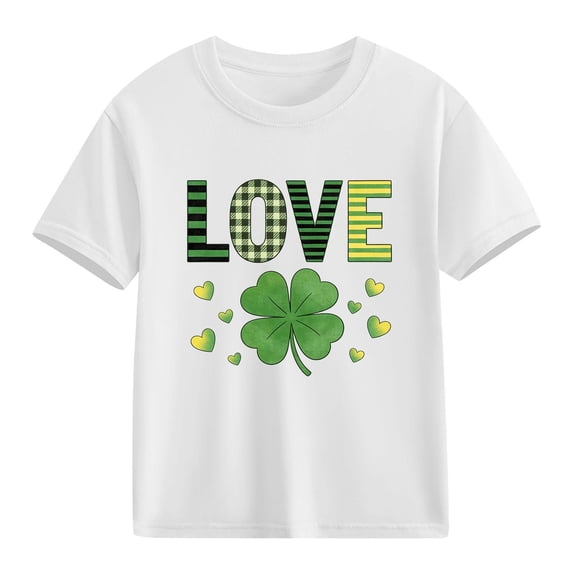 Girls St. Patrick's Day T-Shirt White Shamrock Love Kids Cotton Shirt Short Sleeve Crewneck Holiday Top,Size 7 T