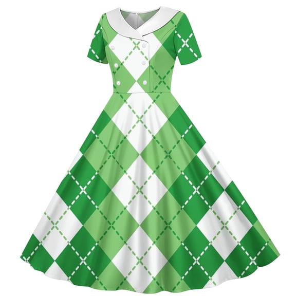 Girls St Patricks Day Fancy Dress Short Sleeves Crew Neck A-Line Dress Retro Vintage Green Swing Dress Four Leaf Clover Pattern Costume Dancing Dress White 13-14 Years