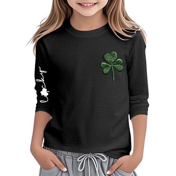 Girls St Patricks Day Print Three Quarter Sleeve Top For Kids Holiday Festive Party Wear Irish Green Pullover Hoodie 3-14Y