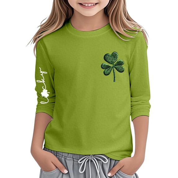 Girls St Patricks Day Print Three Quarter Sleeve Top For Kids Holiday Festive Party Wear Irish Green Pullover Hoodie 3-14Y