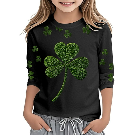 Girls St Patricks Day Print Three Quarter Sleeve Top For Kids Holiday Festive Party Wear Irish Green Pullover Hoodie 3-14Y