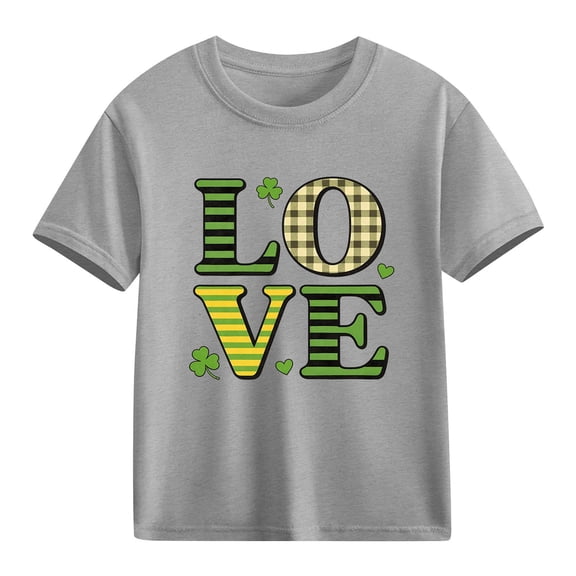 Girls St Patricks Day Shirt Kids Holiday Clover Love Cotton T-Shirt Short Sleeve Tee Gray,Size 7 T