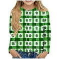 thumbnail image 1 of Girls St Patricks Day Shirt Light Blue Long Sleeve Clover Print Gingham Top Soft Stretch Polyester Spandex Holiday Party School Sizes 3-14 Years,Size 4-5 T, 1 of 4