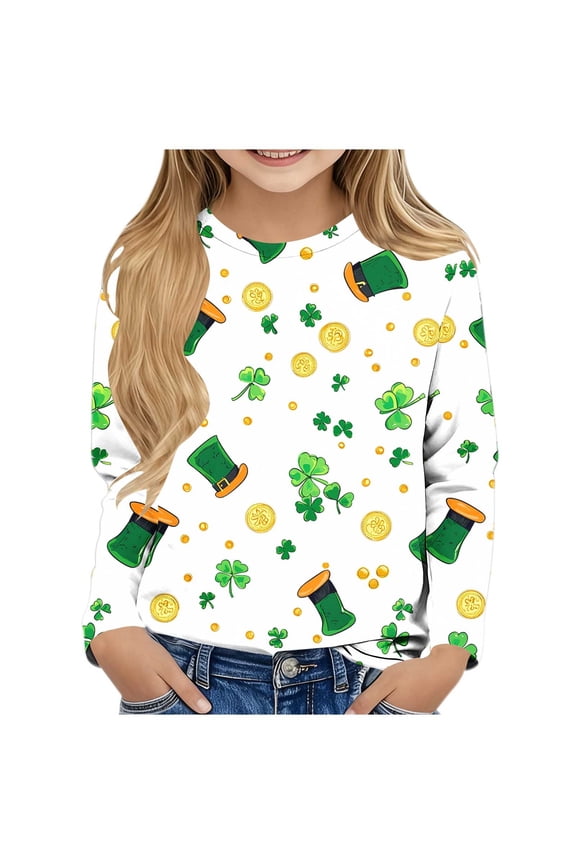 Girls St Patricks Day Shirt Long Sleeve Khaki Shamrock Print Top Comfortable Stretch Fit Holiday Tee 3-14 Years,Size 11-12 T