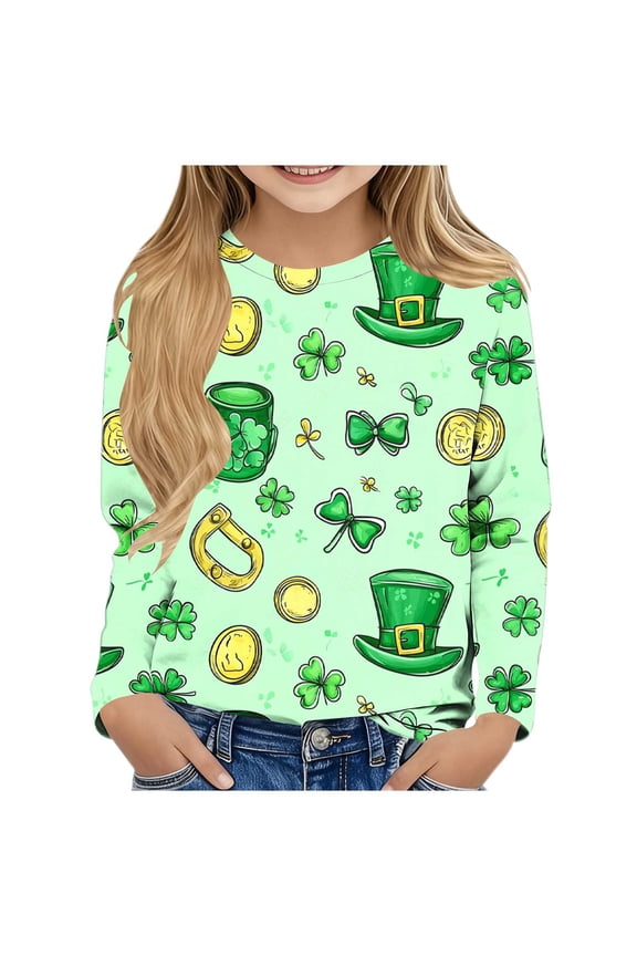 Girls St Patricks Day Shirt Long Sleeve Mint Green Shamrock Leprechaun Print Tee Top for Kids 3T-14,Size 7-8 T