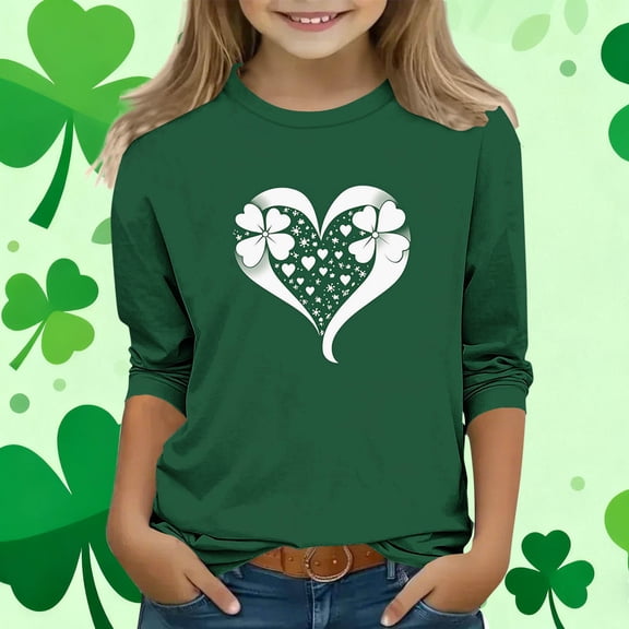 Girls St Patricks Day Shirt Long Sleeve Shamrock & Hearts Graphic Tee Soft Stretch Casual Top for Kids Sizes 110-160,Size 5-6T