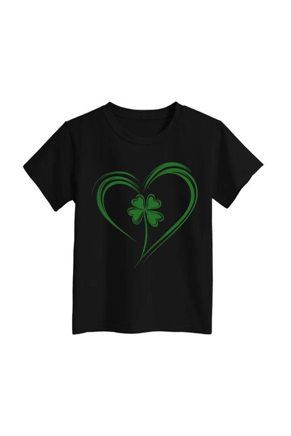 Girls St Patricks Day Shirt Shamrock Print Active Short Sleeve T Shirt Top Crewneck T-Shirt Boys & Girls Shirts Black,8-9 Years