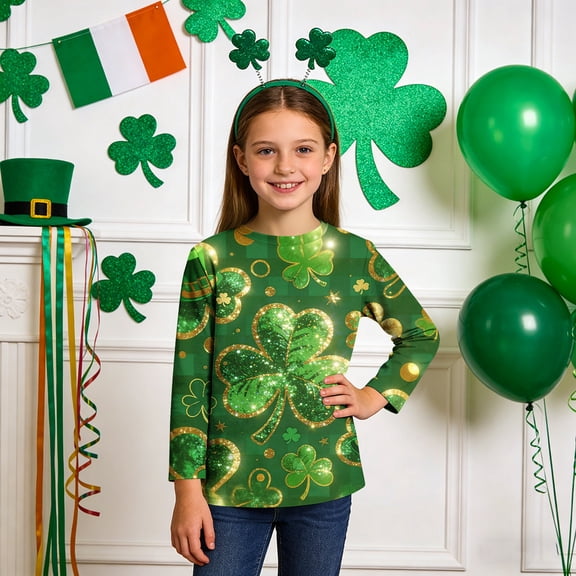Girls St Patricks Day Shirt, Short Sleeve Cotton Top with Shamrock Print, Multicolor Holiday Tee for Kids Kids,Size 3