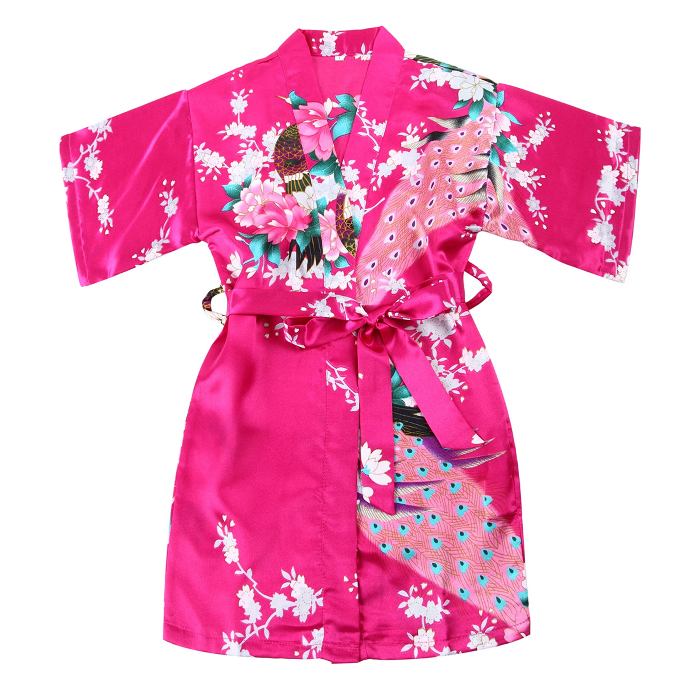 Girls Stain Kimono Robe, Peacock Flower Kids Japanese Robe for Spa ...