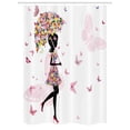 thumbnail image 1 of Girls Stall Shower Curtain, Girl with Floral Umbrella and Dress Walking with Butterflies Inspirational Art Print, Fabric Bathroom Set with Hooks, 54W X 78L Inches, Pink Black, by Ambesonne, 1 of 1