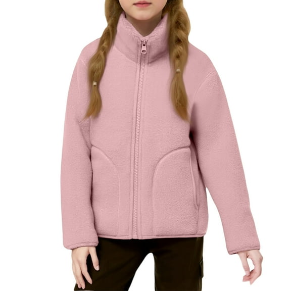 Girls Stand Collar Jacket, Fleece Lined Thickened Warm Winter Coat, Lightweight Cold Weather Outerwear for School, Playground & Outdoor A09-Light pink 130