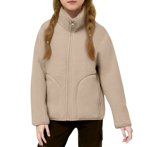 Girls Stand Collar Jacket, Fleece Lined Thickened Warm Winter Coat, Lightweight Cold Weather Outerwear for School, Playground & Outdoor A09-Khaki 130