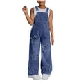thumbnail image 1 of Girls Star Embroidery Denim Bib Overalls Adjustable Strap Sleeveless Cute Denim Jumpsuit Wide Leg Y2k Overall Pants, 1 of 6