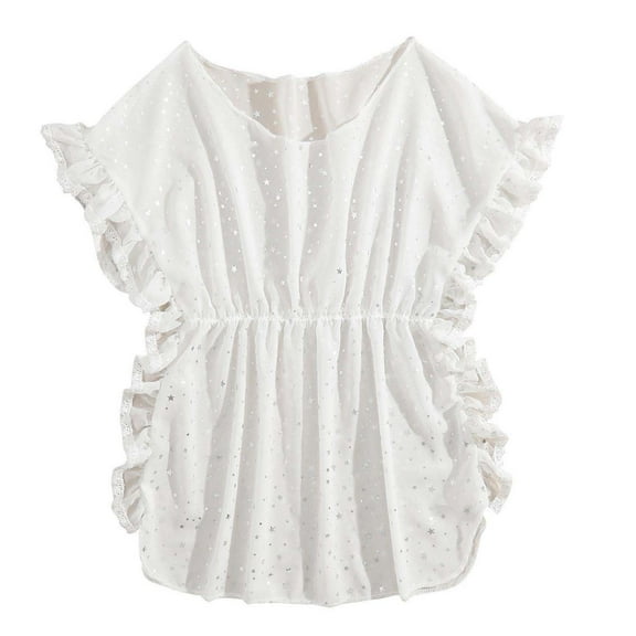 Girls Star Sequin Swimdresses Ruffle Short Sleeve Tunic Swimsuits One Piece Swimwear Beach Vacation Covers-Ups, White, 10 Years