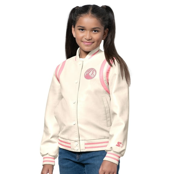 Girls Starter Cream/Pink Minnesota Timberwolves Underdog Leather Varsity Jacket