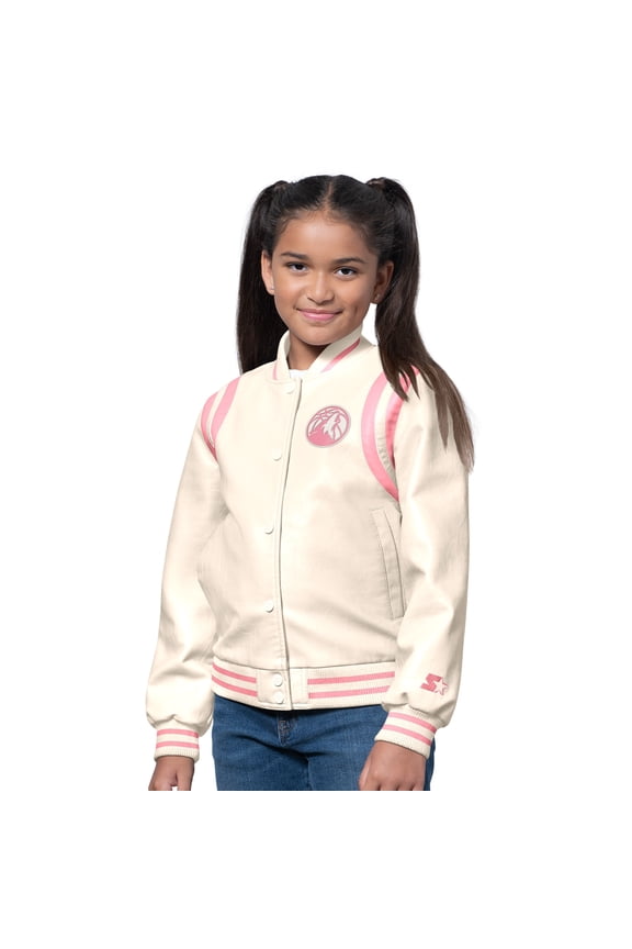 Girls Starter Cream/Pink Minnesota Timberwolves Underdog Leather Varsity Jacket