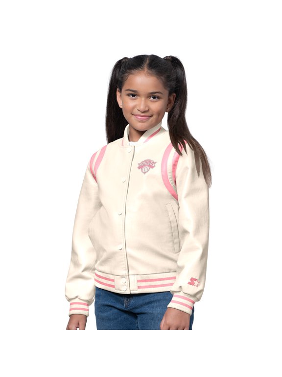 Girls Starter Cream/Pink New York Knicks Underdog Leather Varsity Jacket