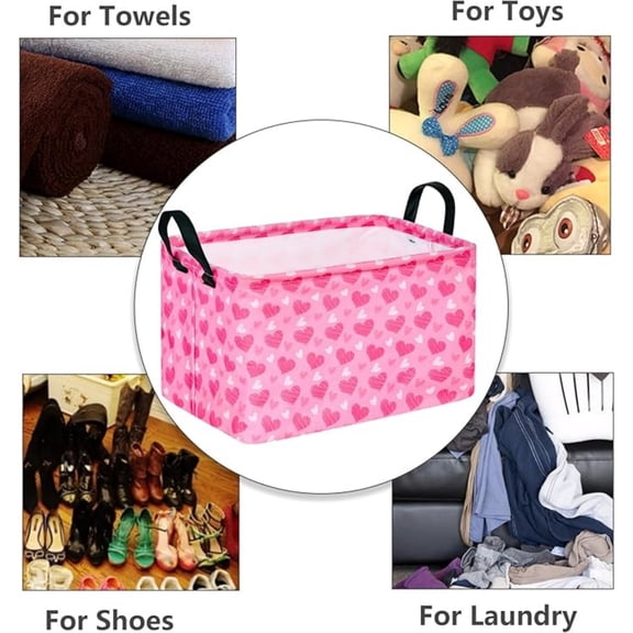 Girls Storage Basket Heart Print Storage Cube for Women, Closet Shelf Organizer Bins Empty Gift Basket with Handles Girls Nursery hamper Kids Toys Books Box Room D