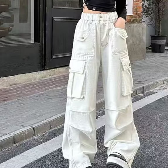 Girls Straight Leg Cargo Cargo Pants, Loose Casual Elastic Waist Wide Leg Trousers with Button Closure for Teens Streetwear White 5-6Y