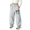 thumbnail image 1 of Girls' Straight Leg Jogger Sweatpants Drawstring High Waisted Baggy Joggers Pnats Cute Bow Printed Sports Pants with Pockets, Light Gray 11-12Y, 1 of 4