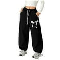 thumbnail image 1 of Girls' Straight Leg Jogger Sweatpants Elastic Waist Drawstring Jogger Pants Cute Bow Printed Sports Pants with Pockets, Black 6-7Y, 1 of 4