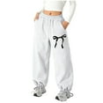 thumbnail image 1 of Girls' Straight Leg Jogger Sweatpants Elastic Waist Drawstring Jogger Pants Cute Bow Printed Sports Pants with Pockets, White 11-12Y, 1 of 4