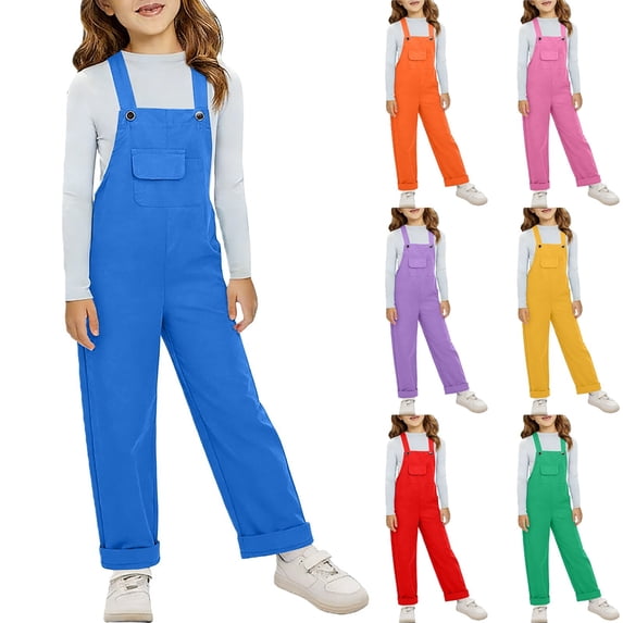 Girls Straight Leg Jumpsuit Loose Fit Sleeveless Overalls with Pocket 2-14Y