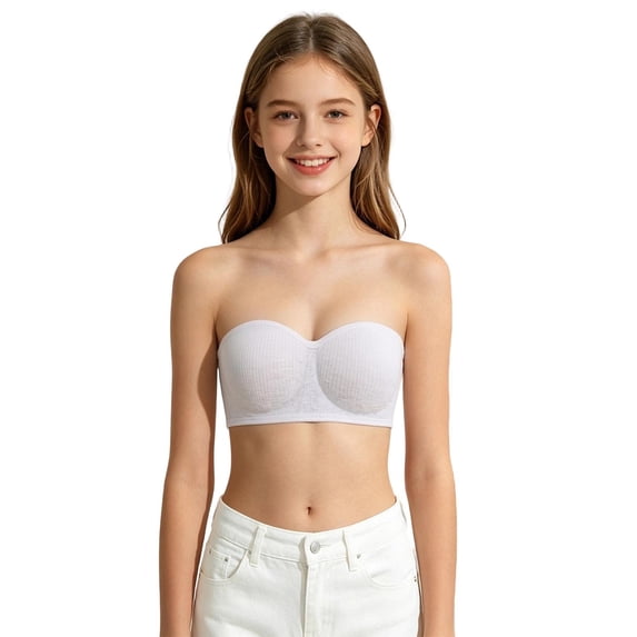 Girls Strapless Training Bra, Wireless Padded Longline Bandeau with Removable Clear Straps for Everyday Wear