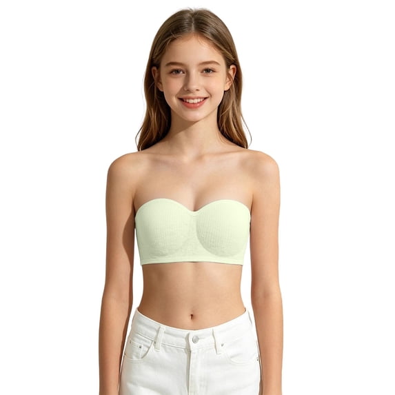 Girls Strapless Training Bra, Wireless Padded Longline Bandeau with Removable Clear Straps for Everyday Wear