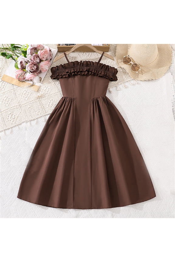 Girls' Strappy Dress French Elegant Vintage High End Fashion Long Dress Coffee 7 Y-8 Y