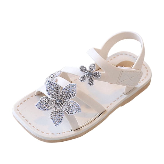 Girls Strappy Sandals Cute Rhinestone Floral Flat Shoes Square Open Toe Slip on Beach Vacation Dress Shoes White 10 Little Kids