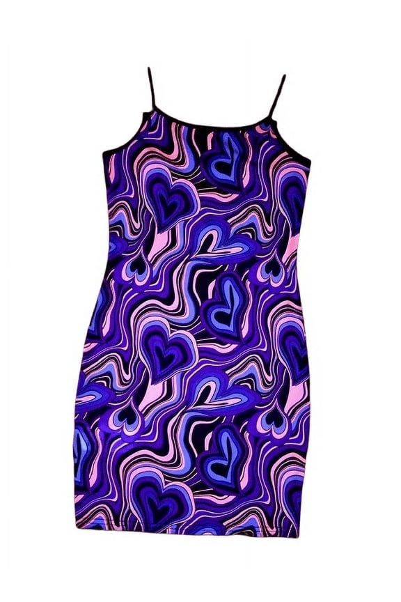 Girls Straps Sleeveless Glow In The Dark Dazzling Heart Print Bodycon Slim Dresses, 7-14Y Kids Party Dress
