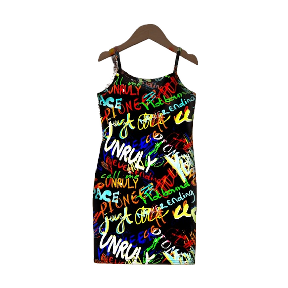 Girls Straps Sleeveless Glow In The Dark Letter Print Bodycon Slim Dresses, 7-14Y Kids Party Dress