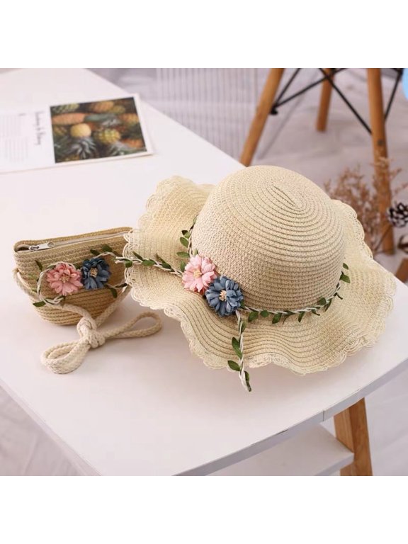 Girls Straw Hat 2-8 Age Tourism Sun Hat Flower Children Sun Hat and Bag Set Baby Outdoor Wide Brim Bucket Hats for Kid(creamy white)