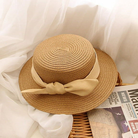 Girls Straw Hat Beach Hat Sun Protection Hat Wide Brim Simple And Sweet Bow Tie Ribbon Decoration Summer Girls Dome Hat