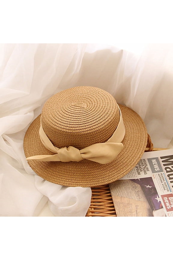 Girls Straw Hat Beach Hat Sun Protection Hat Wide Brim Simple And Sweet Bow Tie Ribbon Decoration Summer Girls Dome Hat