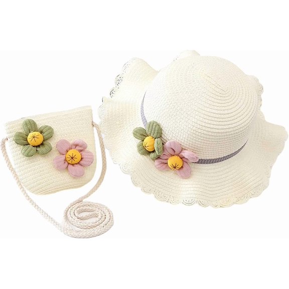 Girls Straw Hat Purse Bag Set Lace Brim Summer Beach Sun Hat Princess Crossbody Bag Chin Strap