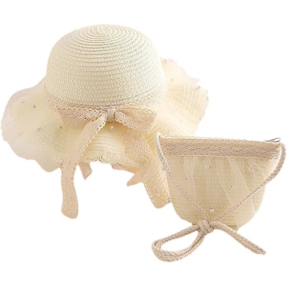 Girls Straw Hat Purse Bag Set Lace Brim   Summer Beach Sun Hat Princess  Crossbody Bag Chin Strap