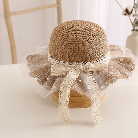 Girls Straw Sun Hat Cute Summer Wide Brim Sun Protection Beach Hat (Khaki One Size)